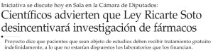 Científicos advierten que Ley Ricarte Soto desincentivará investigación de fármacos - El Mercurio 23 de abril 2015