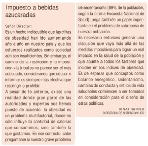 Impuesto a bebidas azucaradas - Carta al Director Diario Financiero y El Pulso Rinat Ratner, 15 de abril 2014