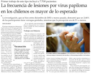 La frecuencia de lesiones por virus papiloma en los chilenos es mayor de lo esperado - El Mercurio 2 de abril 2014